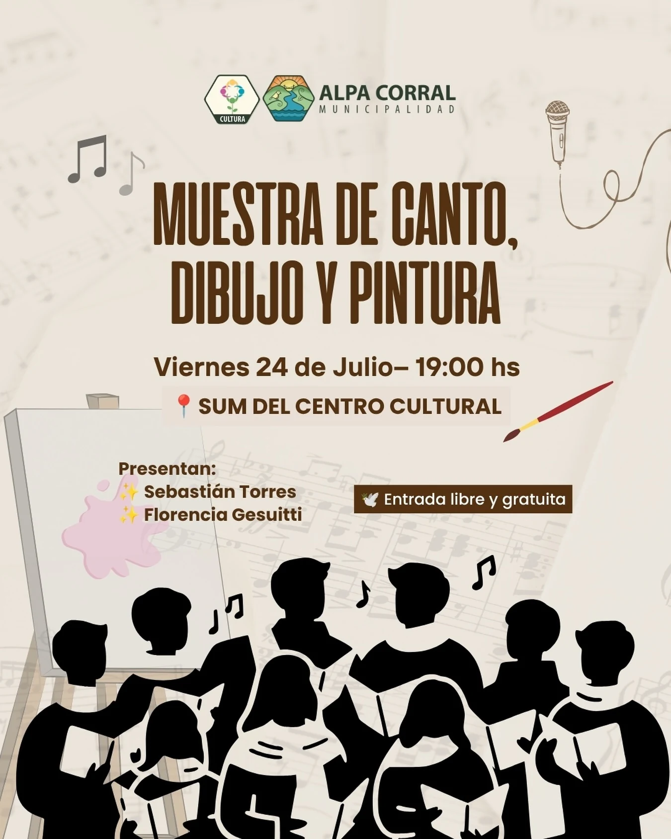 Placa de invitación a la muestra de canto, dibujo y pintura.