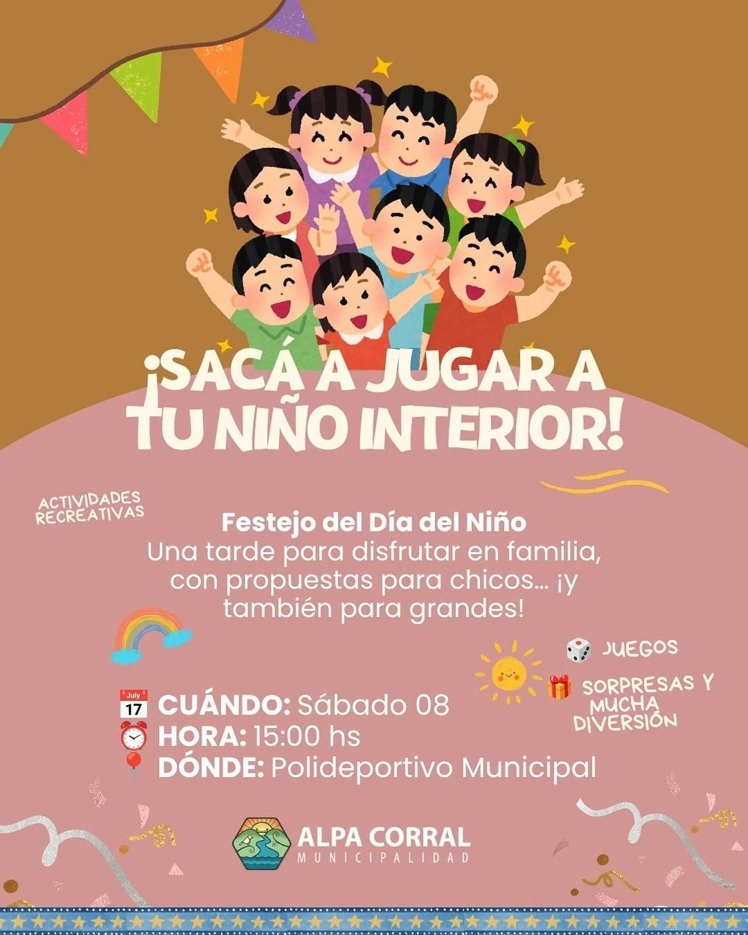 Placa informativa del festejo del Día del Niño en el Polideportivo Municipal